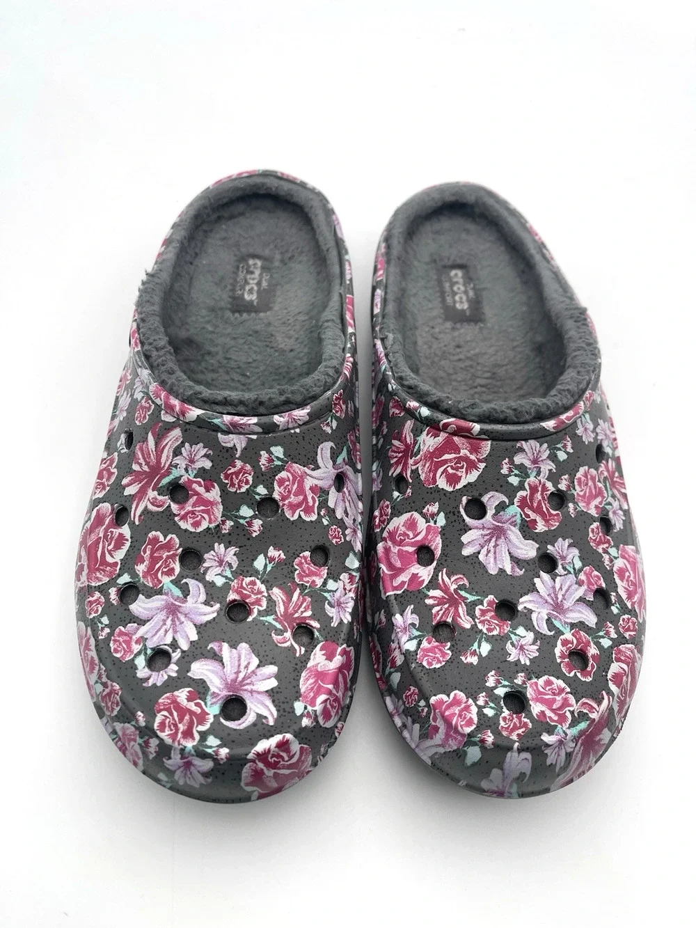 Crocs Womens Floral Design Slides Shoes Size 8 Gray Slip On Comfort